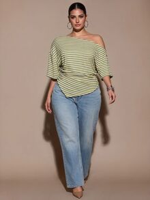 SHEIN BAE CURVE Áo thun nữ size lớn màu vàng kẻ sọc, tay lỡ, vai bất đối xứng - Màu vàng - Xem 5