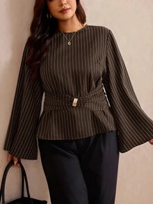 Elaquor Plus Size Fashion Commuter Striped Waist-Cinching Blouse Fall - Brown - View 6