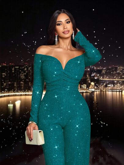 SOLERSUN Women Elegant Black Autumn Jumpsuits,Off Shoulder V-Neck Long Sleeve Sparkly Night Out Party Night Club Christmas Valentine's Day Fashionable