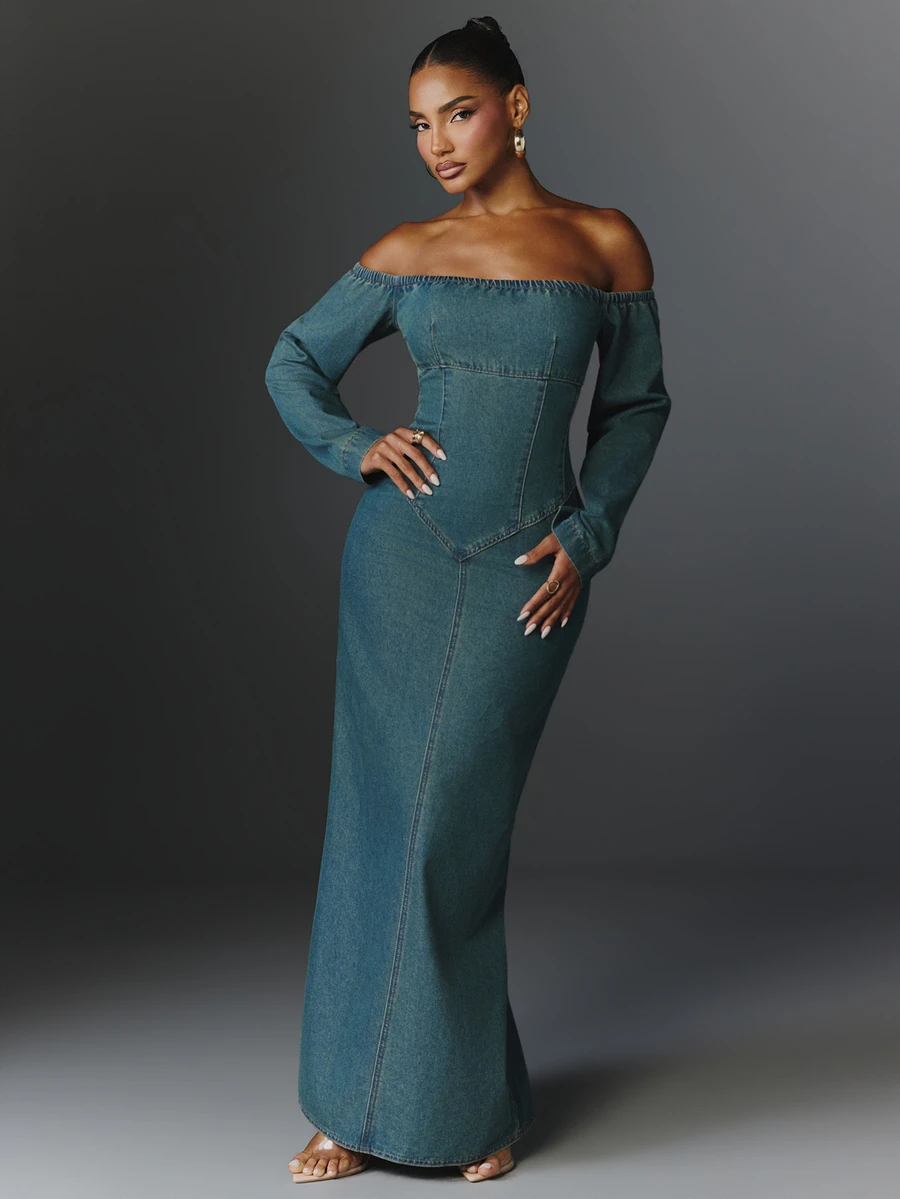 NYA SZN Denim Dress Maxi Cold Shoulder Long Sleeve Holiday Festival Special Occasion Everyday Casual Work Concert Going Out Club Party Medium Wash Fall Winter - Dark Wash - View 1