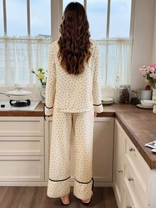 Snug Reverie Women's Apricot Star Print Romantic Fresh Style Long Sleeve & Long Pants Pajama Set, Bow Design On Cuffs And Ankles, Suitable For All Seasons, Home And Outdoor Wear - Apricot - View 2