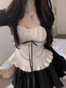 DAZY Patchwork Contrast Color 2 In 1 Lace Trim Tie Bow Elegant Vacation Korean Style Girl Spring Autumn Top Women T-Shirt - Apricot - View 4