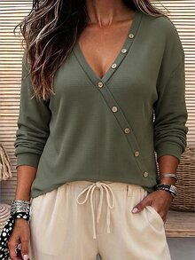 Linhara CURVE Plus Size Women's V-Neck Long Sleeve Casual Decorative Button Textured Fabric Army Green T-Shirt, Suitable For Commuting, Home Wear, Versatile Inner Layer - Green - View 1