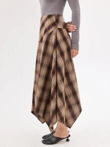 KÆRIA Hus Rok Midi Model Sapu Tangan Asimetris - Drape Warna Peach - Kotak-kotak Cokelat - Kotak-kotak, Gaya Barat, Era 90-an, Drape, Boho - Coklat - View 4