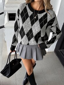 Pariaura College Style Retro Argyle Jacquard Colorblock Crew Neck Loose Fit Slimming Casual Pullover Sweater - Multicolor - View 3