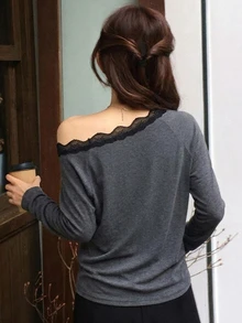 DAZY Women's Lace Patchwork Asymmetrical Shoulder Long Sleeve T-Shirt Pajama Top Loungewear - Grey - View 2
