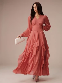 BELROSIE Lightweight Vacation Style Chiffon V-Neck Ruched Waist Ruffle Hem Long Sleeve Dress For Women - Orange - View 3