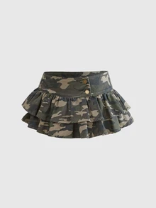 ROMWE Blue Vintage Y2K Millennium Style Ultra Low Waist Super Sexy Double Layer Ruffle Hem Mini Denim Skirt - Army Green - View 5