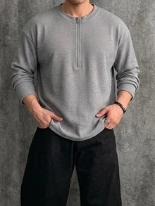 DAZY 春秋款男士灰色素色花卉圓領半拉鍊長袖上衣 - 灰色 - 查看 6
