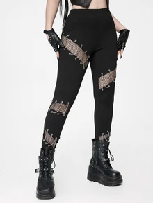 ROMWE Goth Women's Chain Decor Mesh Patchwork Casual Daily Fitted Leggings - Black - View 4