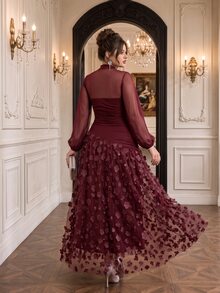 Roveilla Plus Size 2027 New Party Style New Year Christmas Valentine's Day 3D Floral Long Dress - Burgundy - View 2