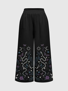 ROMWE Grunge Punk Women's Butterfly Snake Pattern Casual Daily Wide Leg Pants - Black - View 1