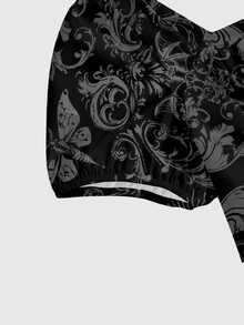 ROMWE Grunge Punk Skull Forest Gothic Court Dark Style Plus Size Square Neck Dress - Black - View 3
