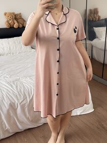 Napfluff CURVE Napfluff CURVE Heart Print Collared Short Sleeve Plus Size Nightgown - Pink - View 4