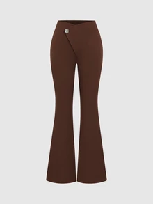Sweetra Women's Button Decor Slanted Pocket Solid Color Slim Fit Suit Pants - Brown - View 1