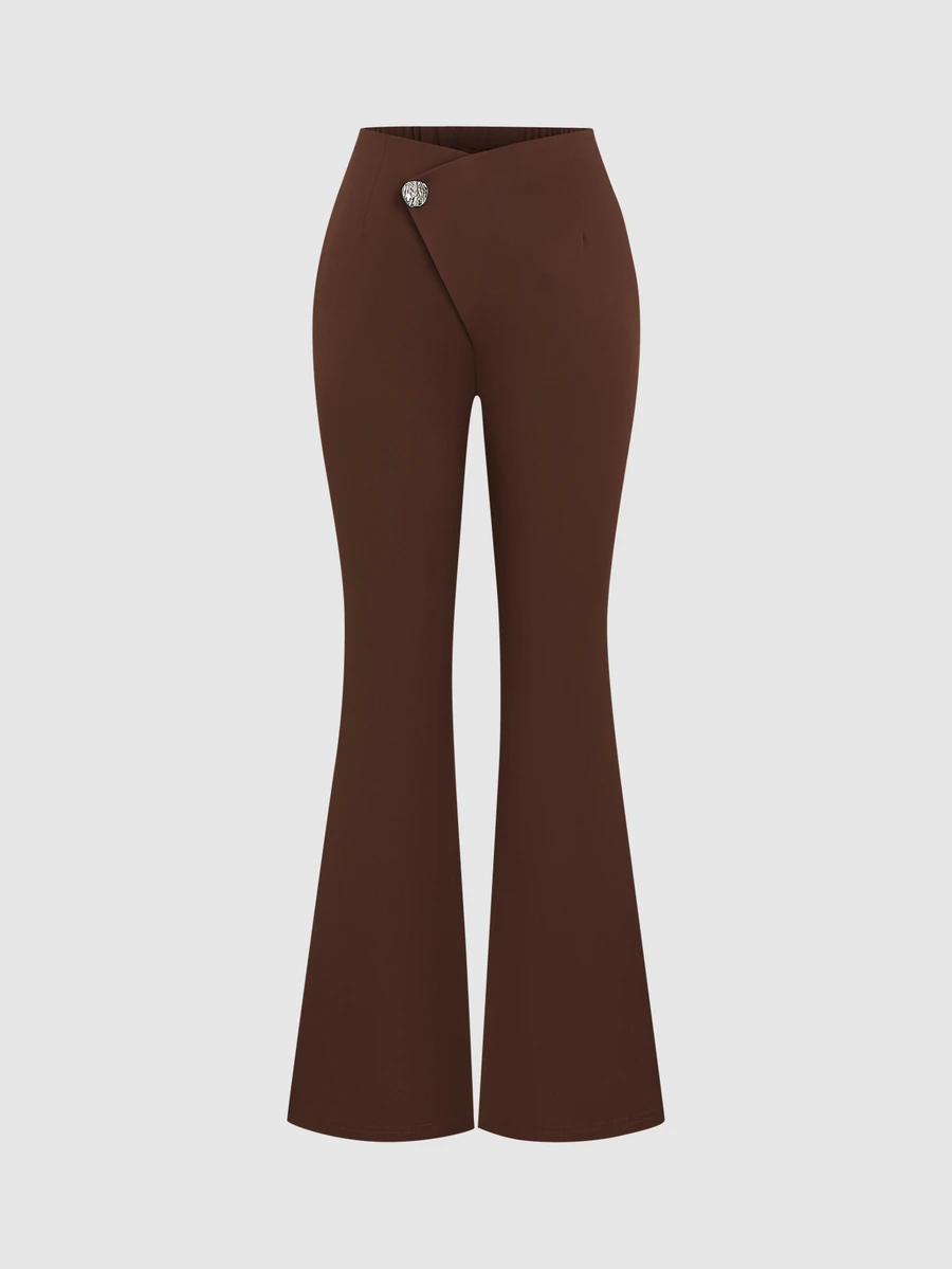Sweetra Women's Button Decor Slanted Pocket Solid Color Slim Fit Suit Pants - Brown - View 1