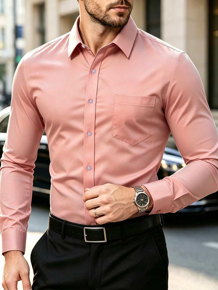 Manfinity Mode 男士純色簡約日常長袖黑色正式襯衫，黑色正裝襯衫，秋季，儀式 - 粉色 - 查看 1