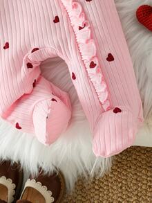 SHEIN 女嬰 2 件套愛心印花羅紋長袖連身包屁衣與蝴蝶結帽子，0-12M 新生兒嬰兒套裝 - 粉色 - 查看 8