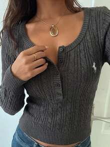 Livesso Women's Dark Gray Round Neck Button Cable Knit Fitted Embroidered Long Sleeve Sweater Winter - Grey - View 2