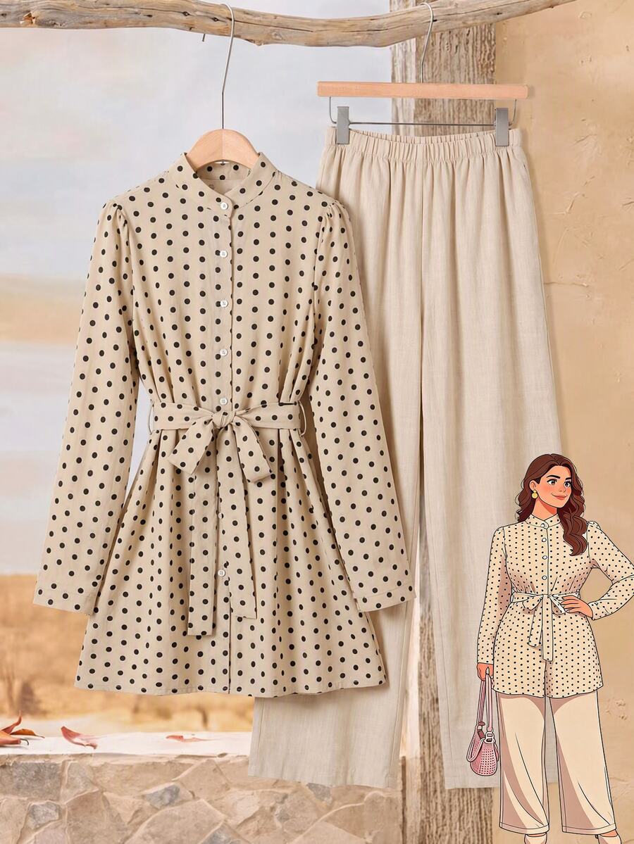Rusticease Plus Size Button-Up Polka Dot Print Shirt And Textured Long Pants 2 Pieces Set - Multicolor - View 1