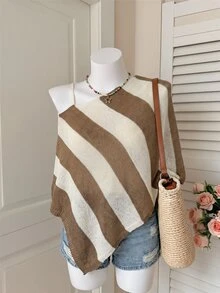 Comfortcana Plus Size Women's Blue White Stripe Hollow Out Asymmetric Shoulder Knit Pullover Sweater Vacation Fall Casual Elegant Kawaii - Camel - View 1