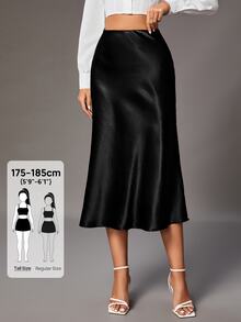 SHEIN Tall 女款純色優雅高腰魚尾裙 - 黑色 - 查看 6