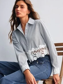 Willow Rêve Women's Blue Striped Embroidered Hem Short Blouse - Blue and White - View 7