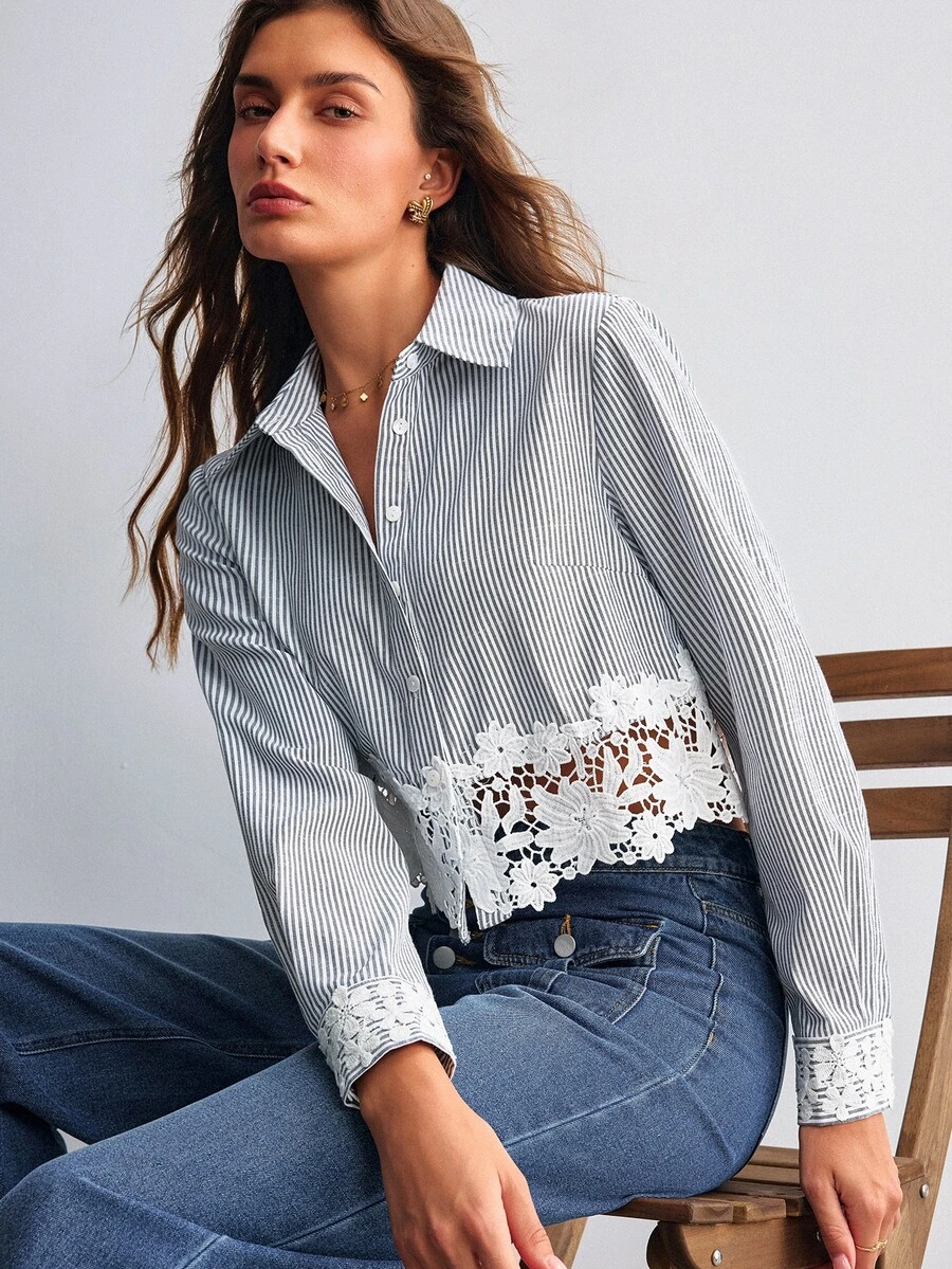 Willow Rêve Women's Blue Striped Embroidered Hem Short Blouse - Blue and White - View 1
