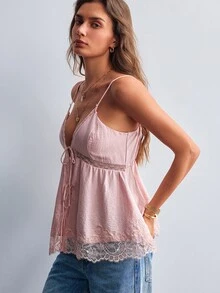 Willow Rêve Women's Lace Patchwork Asymmetrical Hem Tie Strap Tank Top, Fashionable Girly Style - Pink - View 6