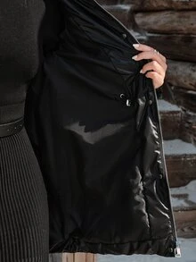 Anewsta Women's Autumn/Winter Mid-Length Black Fur Collar Hooded Waist-Cinching Drawstring Commuter Padded Coat - Black - View 8
