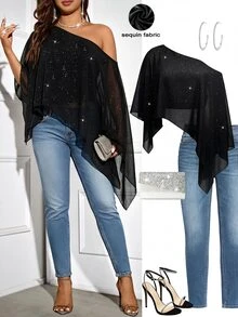 Elenzga Plus Size Women's Black Asymmetrical Shoulder Sequin Asymmetrical Hem Fashion Blouse - Black - View 3