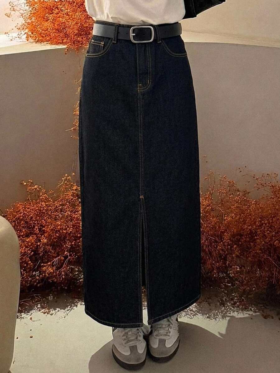 DAZY Distressed Washed Faded Long Slit Pocket Denim Skirt For Women - Blue - View 1