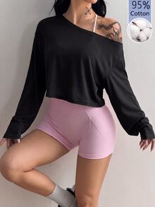 Coolane Women's Solid Color Asymmetrical Shoulder Long Sleeve Sports T-Shirt - Black - View 5