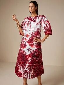 LOTSLUV Women's Autumn Elegant Commute, Red And White Landscape Positioning Print, Round Neck Puff Sleeve, Loose Fit Printed Short Dress - Red and White - View 5