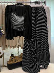 GlowEve Women's Knit Solid Color Cardigan With Front Button Closure, Striped Slim Fit Camisole With Drawstring Decor, Elegant Casual Commute Daily Outing Long Pants 3 Pieces Set - Black - View 1