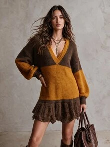 Solivie Women's Contrast Color V-Neck Dropped Shoulder Long Sleeve Tassel Hem Knit Dress Thanksgiving Everyday Date Brown And Yellow Fall Boho - Multicolor - View 6