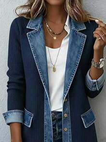 SHEIN Franclia Women's Fall Winter Denim Print Contrast Lapel Blazer Corduroy Woven Ribbed Long Sleeve Button Down Jacket With Pockets Casual Office Outerwear - Navy Blue - View 4