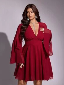 Viva Relle 大尺碼女款深V領喇叭袖時尚性感酒紅色洋裝 - 酒紅色 - 查看 5