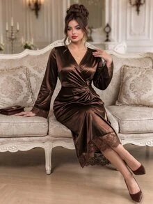 Roveilla Women's Plus Size Glossy Lace Trim Patchwork Elegant Ruched Solid Color Dress, Low-Key Elegant Lace Dress - Coffee Brown - View 6