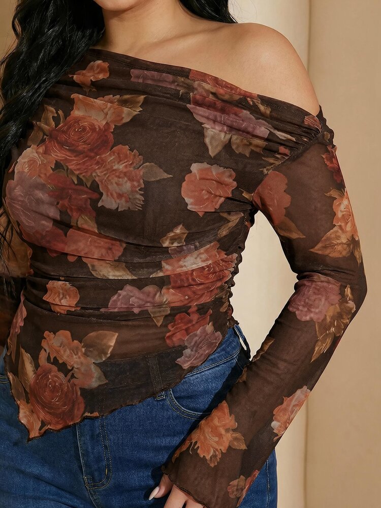 Modelyn Plus Size Women's Asymmetrical Shoulder Floral Print Casual Daily Wear T-Shirt - Coffee Brown - View 9