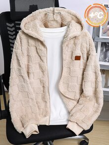 SHEIN 青少年男孩休閒格紋毛絨連帽夾克，附裝飾補丁，適合秋冬返校季 - 杏色 - 查看 4