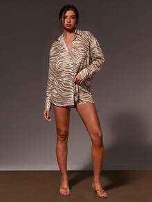 SHEIN X GALILEA Athîral Women's Zebra Print Casual Daily Wear Shirt - Coffee Brown - View 6