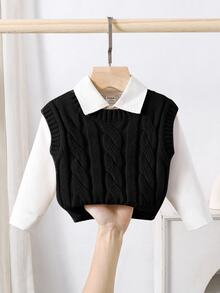 SHEIN Young Girl Ribbed Knit Sweater Vest With Cable Texture, Elegant & Cute, High Quality, Warm & Soft - Black - View 5