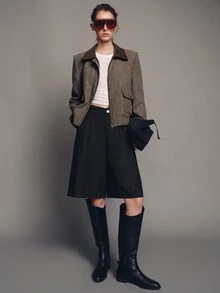 MOTF PREMIUM Wide Shoulder Silhouette Herringbone Contrast Collar Jacket Coat Autumn/Winter - Brown - View 4
