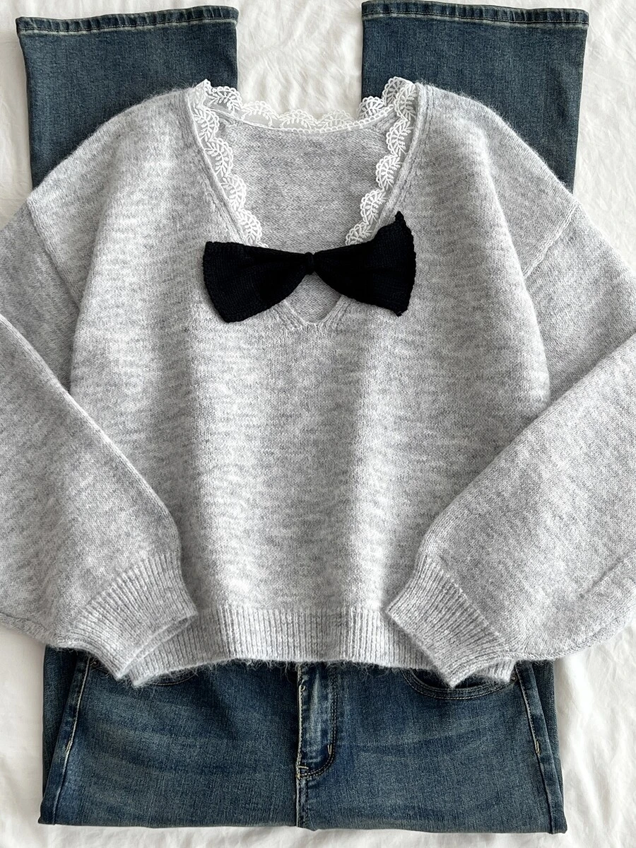 Elamini Women's Autumn/Winter Fashion Elegant Versatile Party Photo-Ready Hollow Bow Pullover Sweater - Grey - View 1