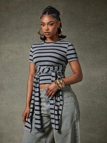 Denimoi Tie Front Stripe Top Fashion Tops Fashion Tshirt Everyday Wear Fashionable Streetwear - Dark Grey - View 4