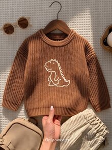 SHEIN 嬰兒幼兒圓領針織毛衣，卡通恐龍刺繡寬鬆套頭上衣，柔軟舒適休閒針織開襟衫，適合男孩女孩，復古焦糖色百搭外套與內搭毛衣 - 卡其色 - 查看 1