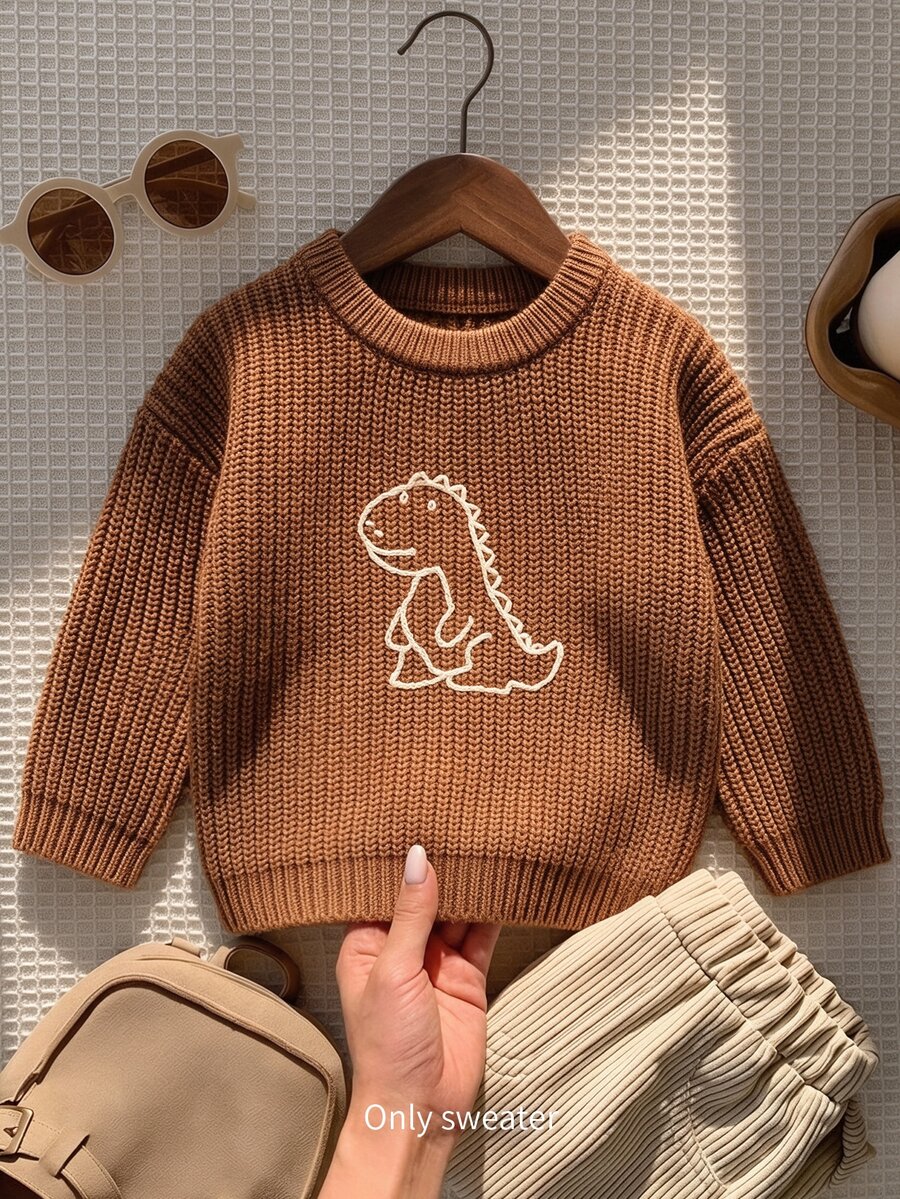 SHEIN 嬰兒幼兒圓領針織毛衣,卡通恐龍刺繡寬鬆套頭上衣,柔軟舒適休閒針織開襟衫,適合男孩女孩,復古焦糖色百搭外套與內搭毛衣 - 卡其色 - 查看 1