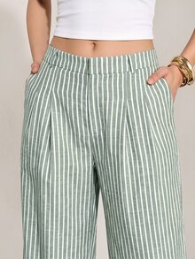 SHEIN Tall 女款卡其色條紋直筒優雅上班褲 - 軍綠色 - 查看 4