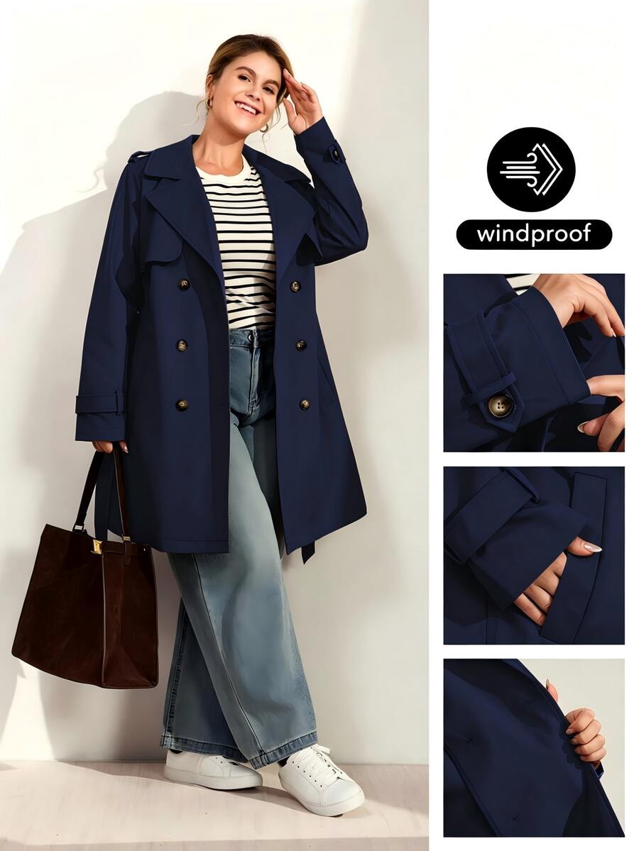 Momelise Plus Size Women's Casual Plus Size Elegant Trench Coat, Spring/Autumn Solid Color Long Sleeve Lapel Double-Breasted, Office Blue Fall Travel - Navy Blue - View 1